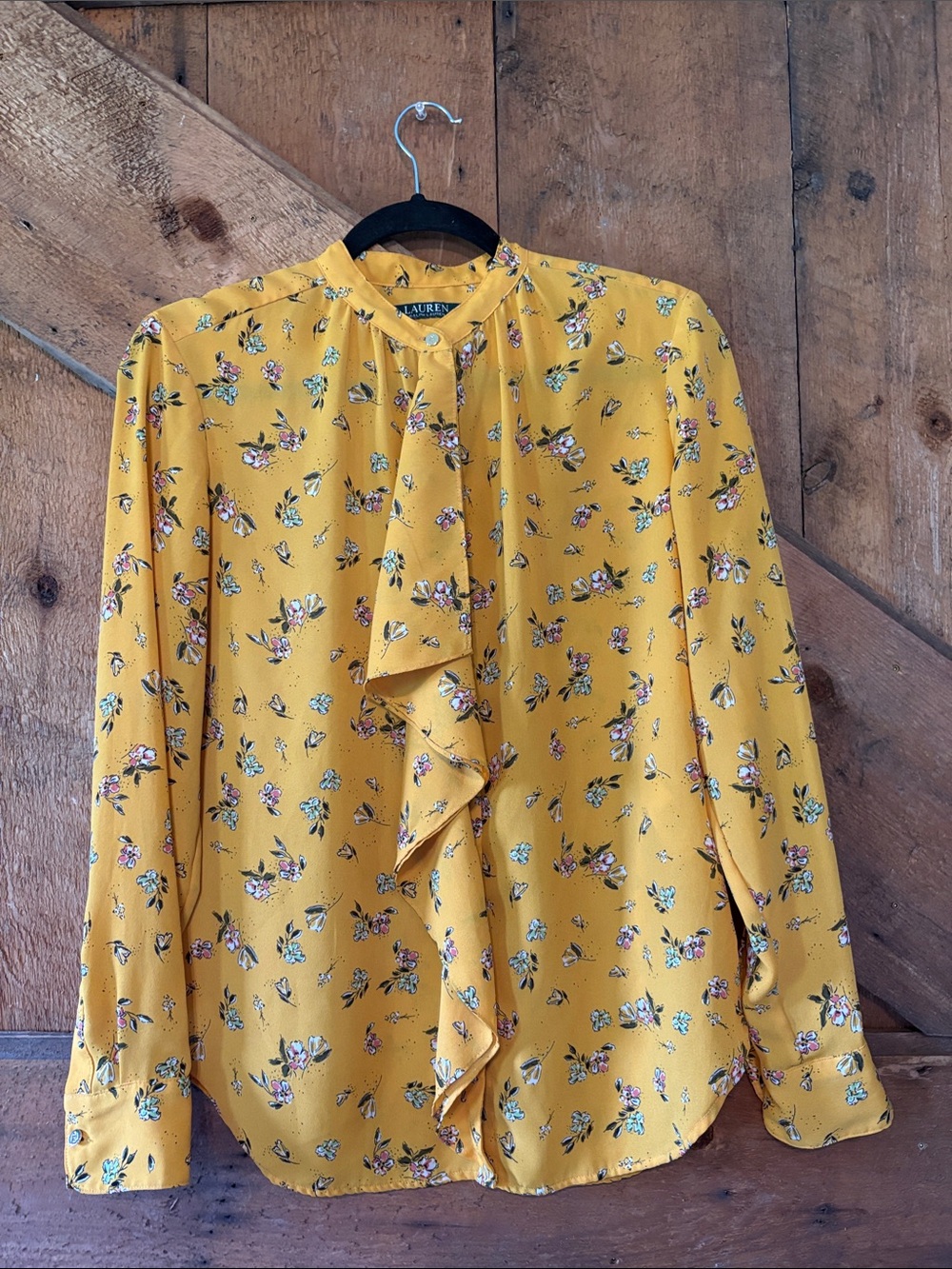 Lauren Ralph Lauren Mustard Yellow Floral Ruffled Tie-Neck Blouse